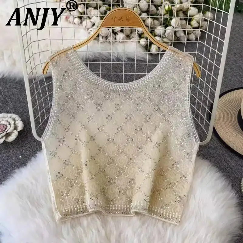 

ANJY Summer New Women Elegant Fashion Sleeveless Slim Fit Tank Top Design Heavy Sequin Pearl Embroidered Flares Mesh Vest A23929