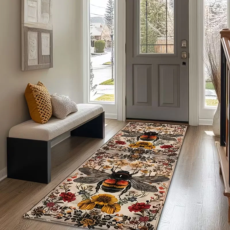 Long Aisle Carpet Floor Retro Bee Flower Floor Mat Anti Slip Home Decoration in Corridors Bedrooms Kitchens Home Decoration Mat
