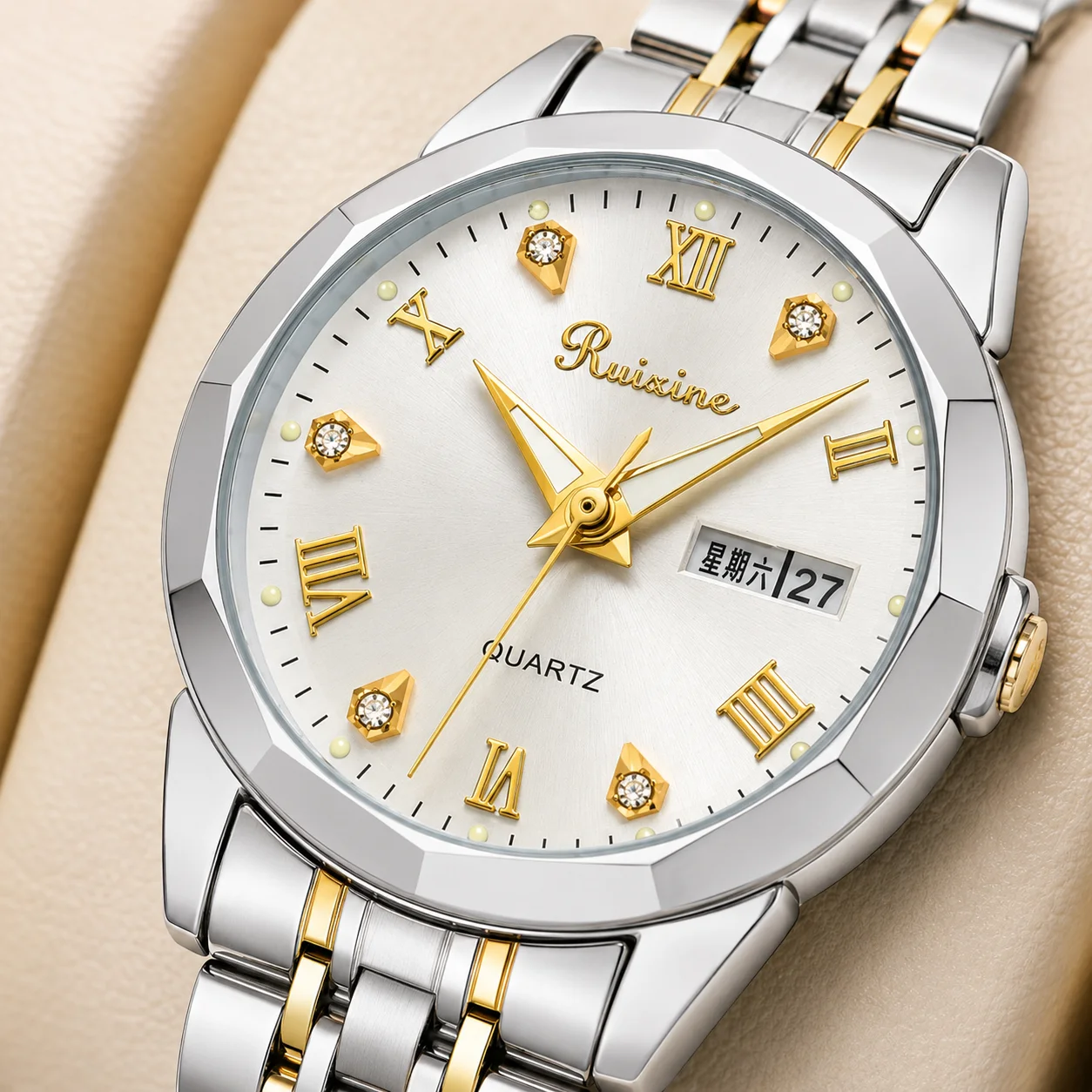 RUIXINE Elegant Women Quartz Watch Calendar Stainless Steel Bracelet Wristwatch Crystal Dial Elegant Ladies Dress Watch Gift