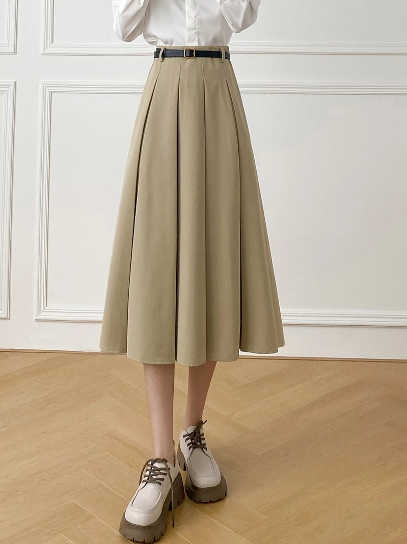 

Юбка-миди с высокой талией и плиссировкой для женщин, офисная, деловая, повседневная, А-силуэт, на резинке, из полиэстера