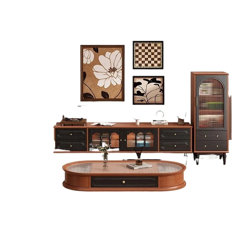 

Medieval French solid wood TV cabinet, living room small apartment TV cabinet combination locker integrated retro