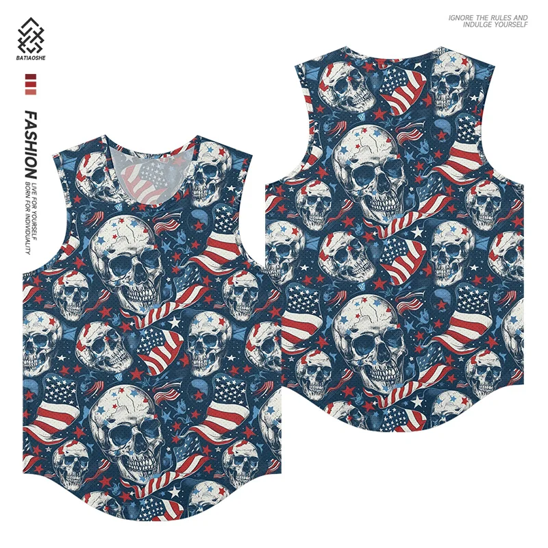 

American Tide Design Skull Floral Print Color Flag Sleeveless Fashion Bottom Top Trendy Sports Quick Dry Men's