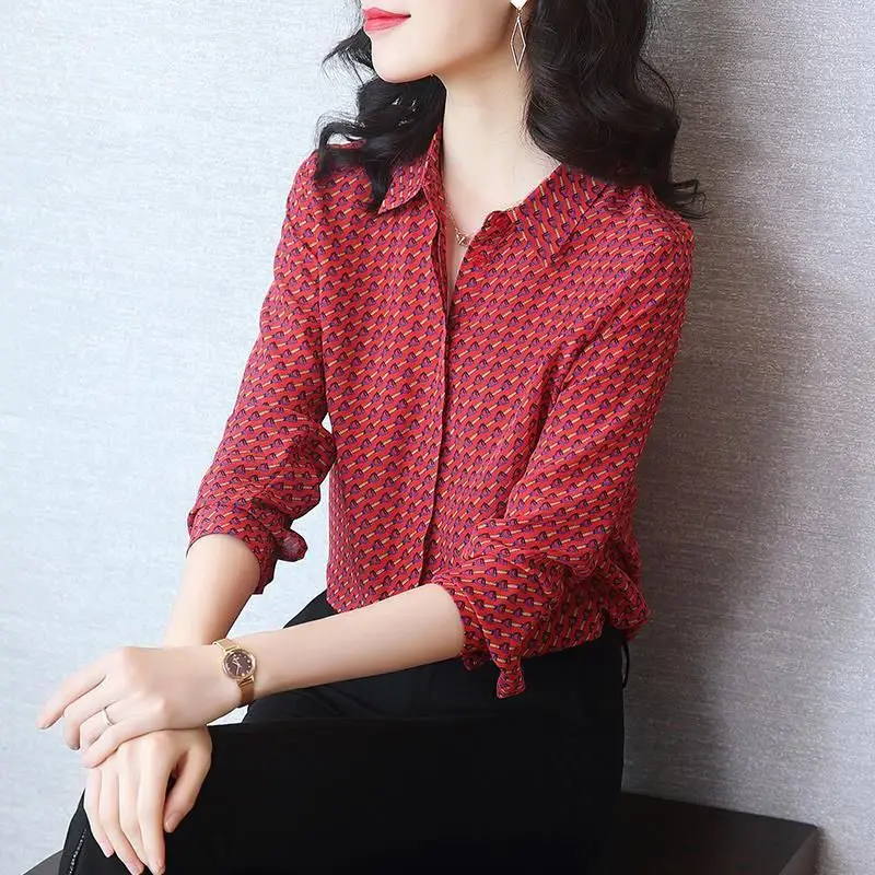 Fashion Broken Flowers Casual Blouse Commute Turn-down Collar Single-breasted Female Spring Autumn Korean Loose Straight Shirt