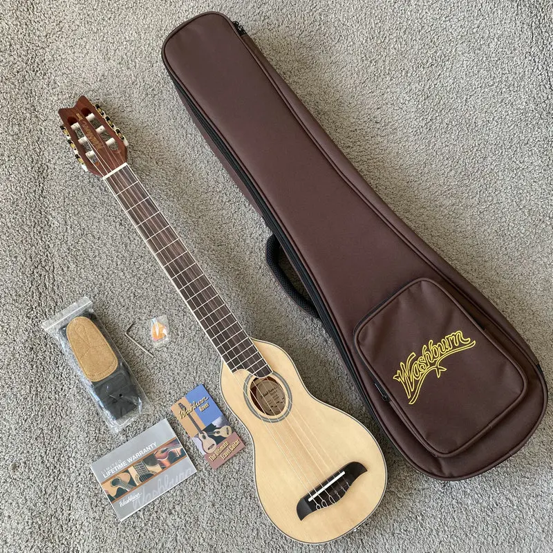 34‘Classical Guitar Genuine Washburn Natural Solid Spruce Top Mini Travel Guitar Nylon String New with Bag