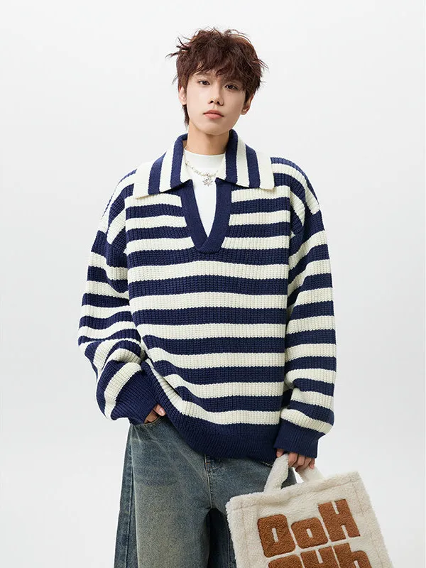 

American Sle Thiened Hoodie Sweater for Men Casual Loose Knitted Winter Warm Ocean Collar Long Sve Striped Pullover