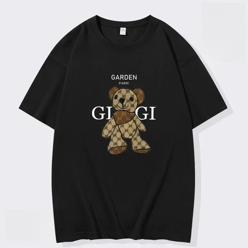 

Fun Letter Bear Print T-shirt Summer New Style 100% Cotton Men's T-shirt Loose Breathable Round Neck Short-sleeved Top
