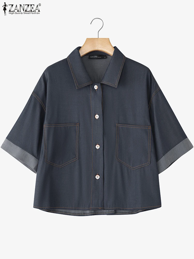 

ZANZEA Half Sleeve Denim Shirts Women Elegant Office Cardigan Casual Lapel Neck Outwears 2025 Solid Color Fashion Tunic Blusas