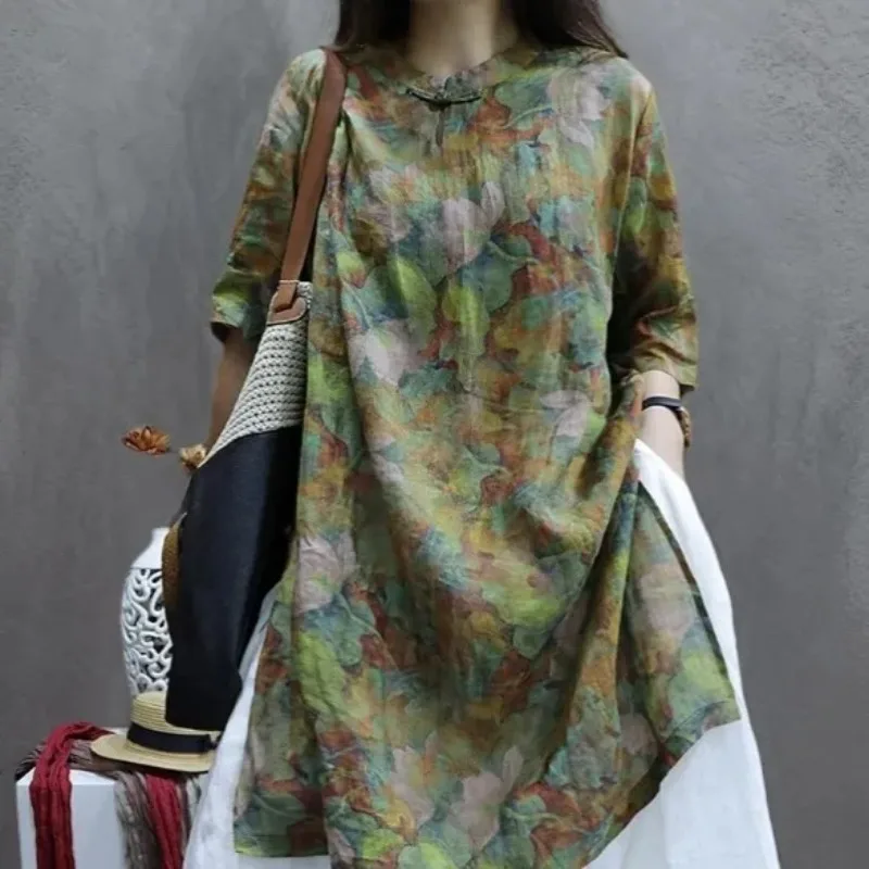 

Women's Linen Blend Ramie Tunic Dress Stand Collar Frog Button Quarter Sleeve Loose Lagenlook Top