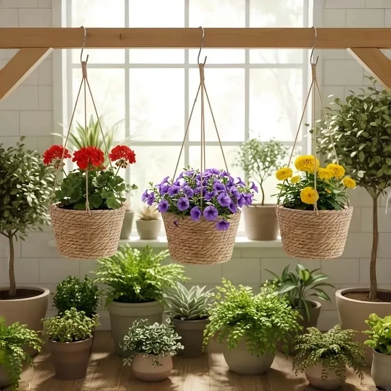 1/2pcs rattan woven hanging basket flower pot garden hanging planter flowerpot handmade straw woven plant hangers home decor