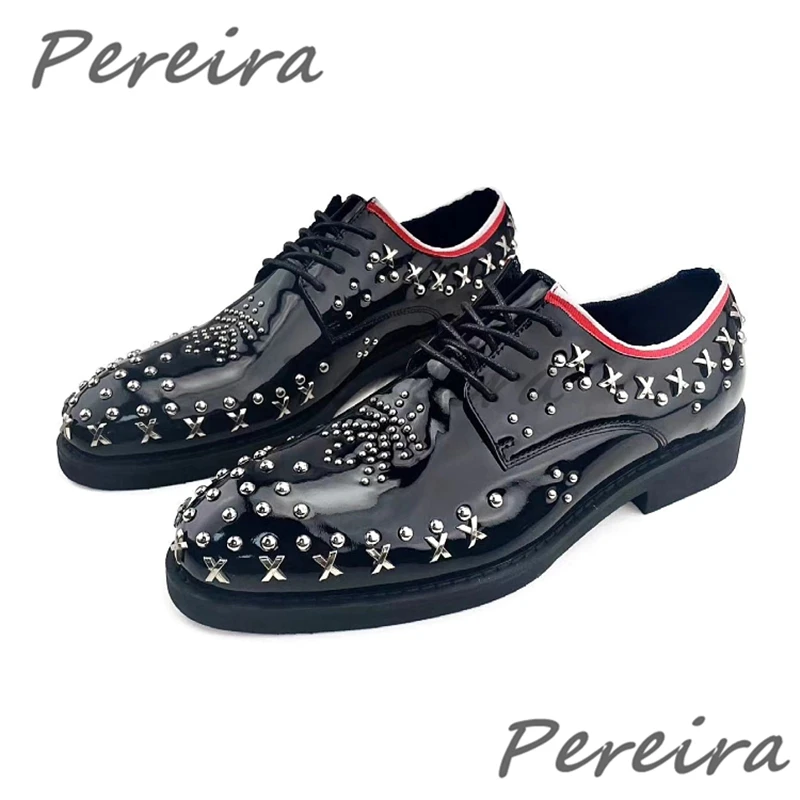 

Trendy Men's Black Genuine Leather Derby Shoes Rivet Metal Decor Casual Business Shoes British Style Handmade Cowhide Oxfords