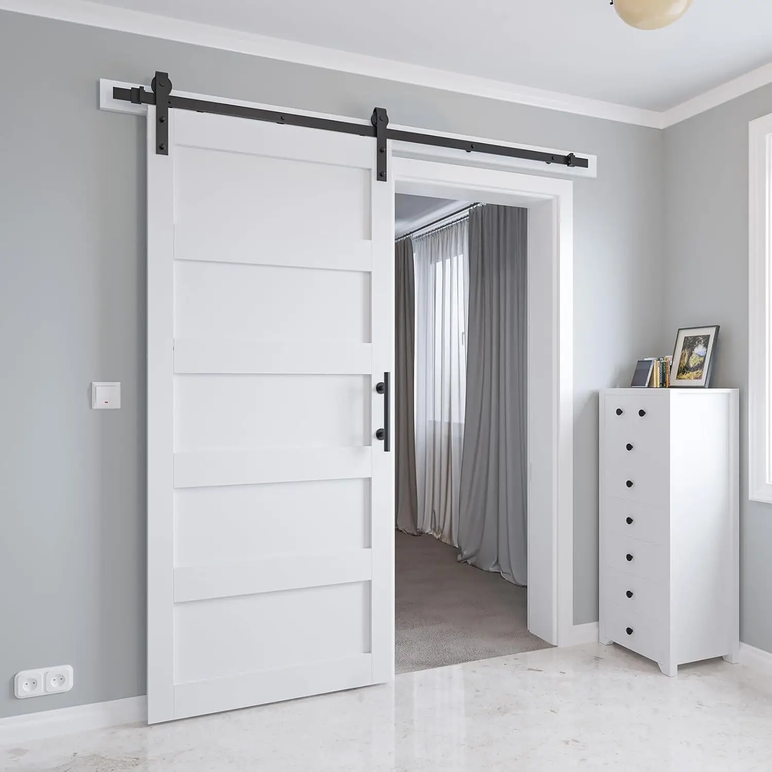 Handle, Pre-Drilled Holes Easy Assembly -Solid Barn Door Slab Covered with Water-Proof PVC Surface, White, 5 Panel