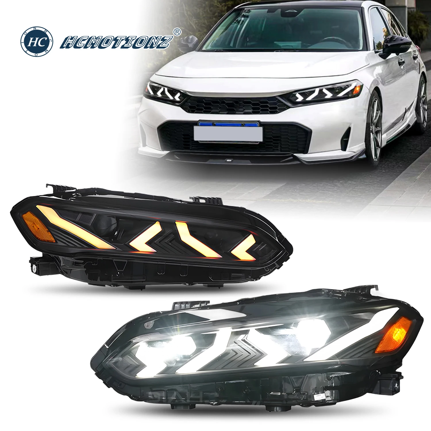 HCMOTIONZ LED Headlights for Honda Civic 2022-2026 11th Gen Blue DRL Start Animation Front Lamps Assembly