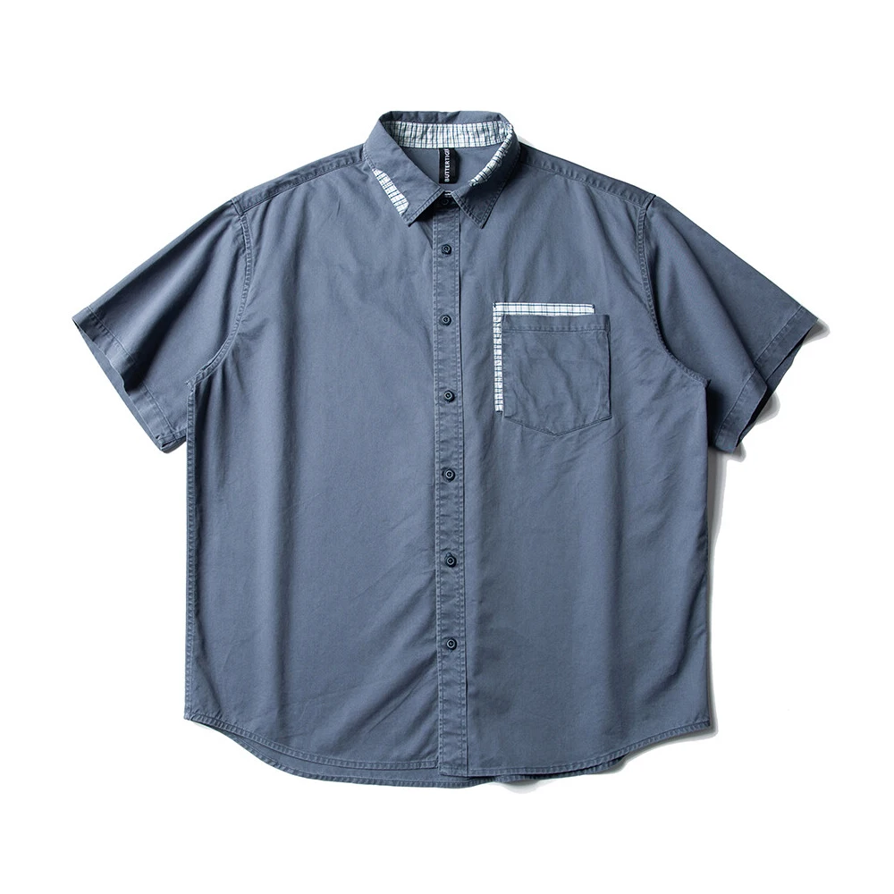 

Men Summer Plaid Splice Streetwear Vintage Short Sleeve Loose Casual Pure Cotton Cargo Shirts Cityboy Oversize Shirt Blouses