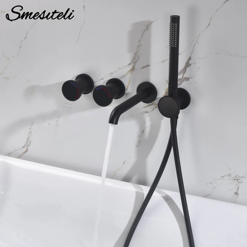 

Brushed Gold Hot And Cold Hand Shower faucet Set Spout Sprayer Glass Hanging Holder bathroom Mixer 3 Brass Round Knob Style