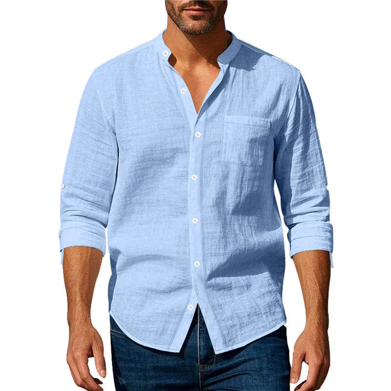 ABRT-Men Cotton Linen Shirt Long Sleeve Collarless Casual Button Down Shirt Breathable Beach Tops