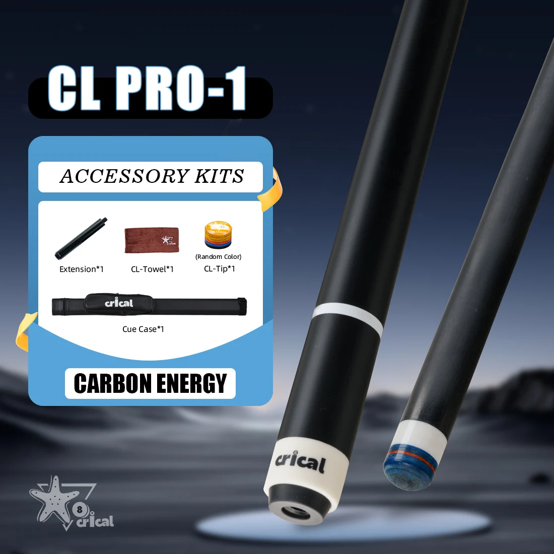 

CRICAL CL-PRO Carbon Fiber Pool Cue Stick Black Technology Low Deflection 12.4mm Tip 3 * 8/8 Joint Pin Professional 1/2 Billiard