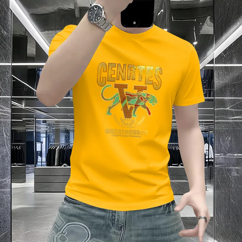 

Popular Men T-Shirt Leopard Rhinestone Embroidery Male Tees High End European Style Slim Fit Tops Luxury Brand Male Clothing