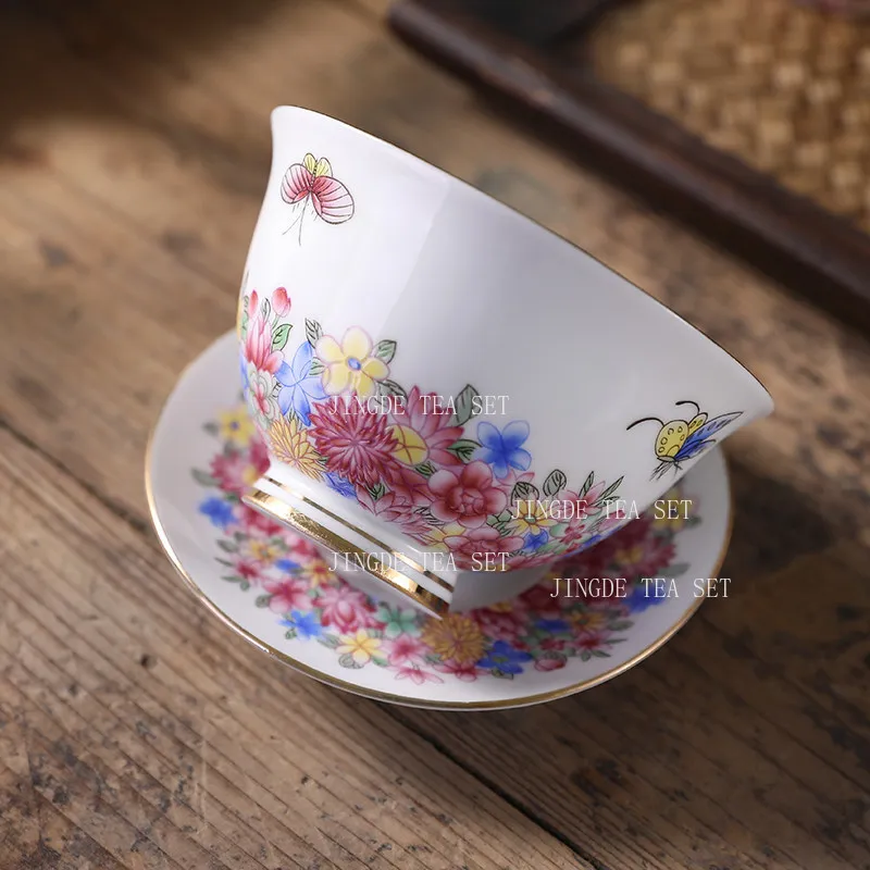 Enamel Colored Roof Tile Chinese Style Tea Bowl with Lid Home Kung Fu Tea Set Ceramic Small Capacity Tea Cup Drinking Utensils