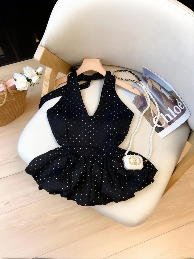 Gepunktetes Elegantes Ärmelloses Neckholder-Top für Damen, Rückenfreies Babydoll-Sommer-Rüschen-Top, Strand-Urlaubs-Korsett-Tanktop, Basic-T-Shirts