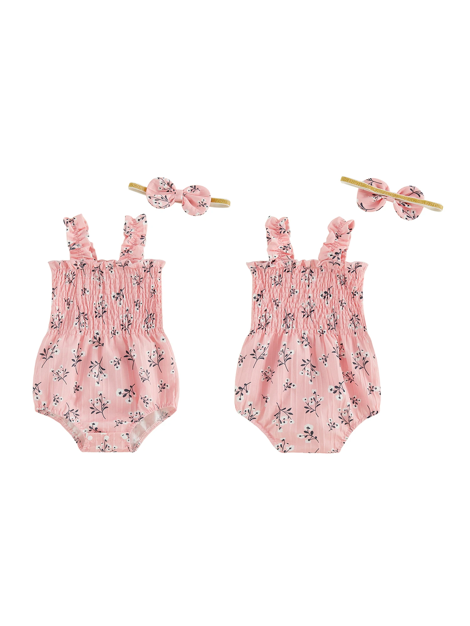 Bubble Romper Floral Jumpsuit With With Bow Headband Floral-Print-Smocked Smocked 2 Pcs Infant Baby Girl