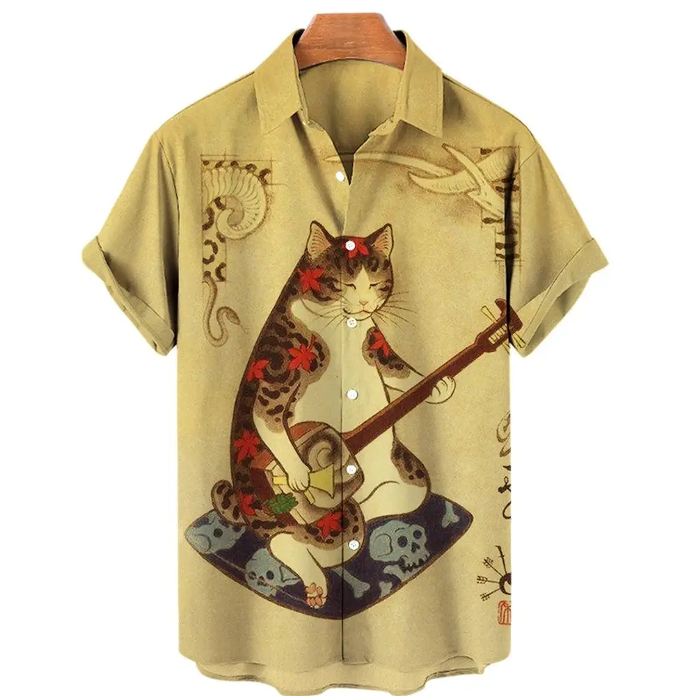 2023 Summer Men's Trend Retro for Men and Women Hawaiian Shirt Japanese Bushido Shirt T-shirt Top Men's Shirt Pet Clothes Cat An