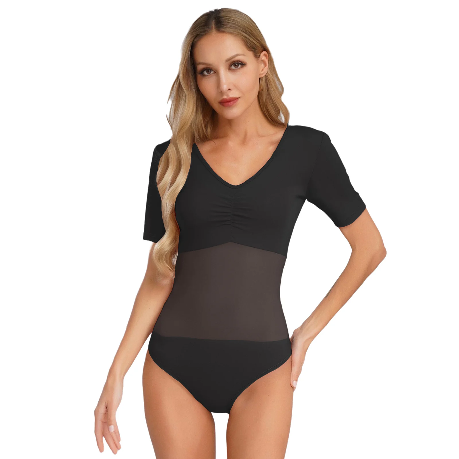 

Adult Women Stretchy Ballet Gymnastics Figure Skating Warm-up Dance Bodysuits Short Sleeve Sheer Mesh Ballet Dance Jumpsuit