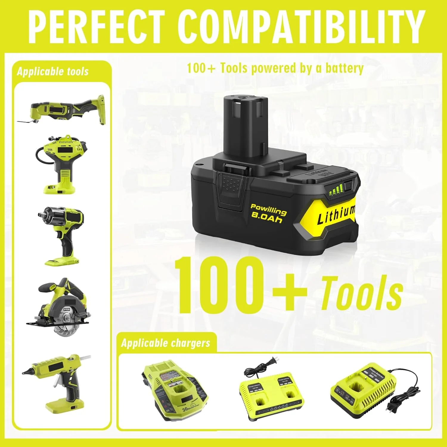

8.0Ah 18V Replacement Battery for Ryobi 18V Lithium Battery P102 P103 P105 P107 P108 P109