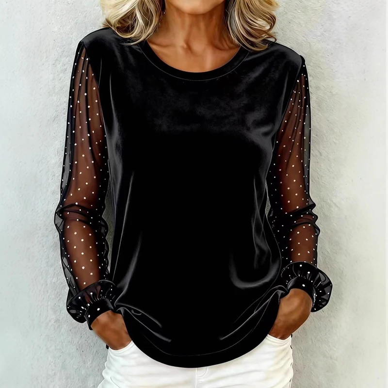 2026 Spring Elegant O Neck Velvet Woman Blouse Sexy Patchwork Dot Mesh Hollow Top Pullover New Long Sleeve Shirt Autumn Clothing