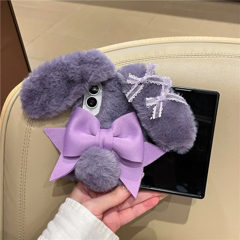 New 3D Bow Rabbit Autumn Winter Soft Plush Shockproof Phone Case For Samsung Galaxy Z Fold 8Ultra 7 6 5 4 Warm Fluffy Hard Cover