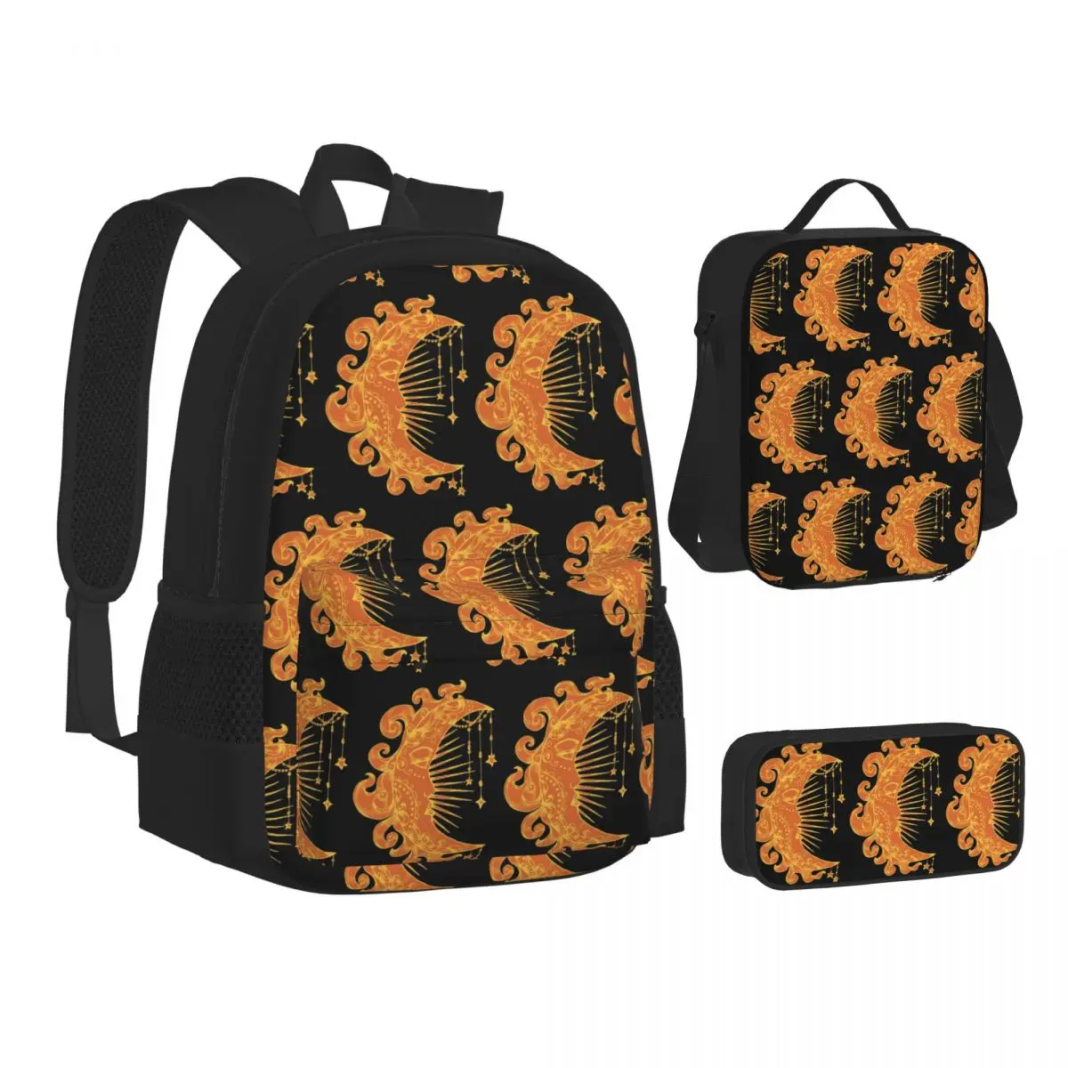 Witchy Mystic Moon Face Stars Sun Backpacks Boys Girls Bookbag School Bags Kids Rucksack Lunch Bag Pen Bag Three-Piece Set