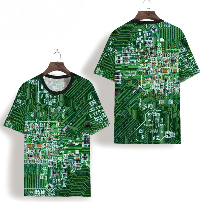 Men's Round Neck Short Sleeve T-Shirt Circuit Board New Summer Fashion Technology Sense Ice Silk Quick Dry Large Top Versatile