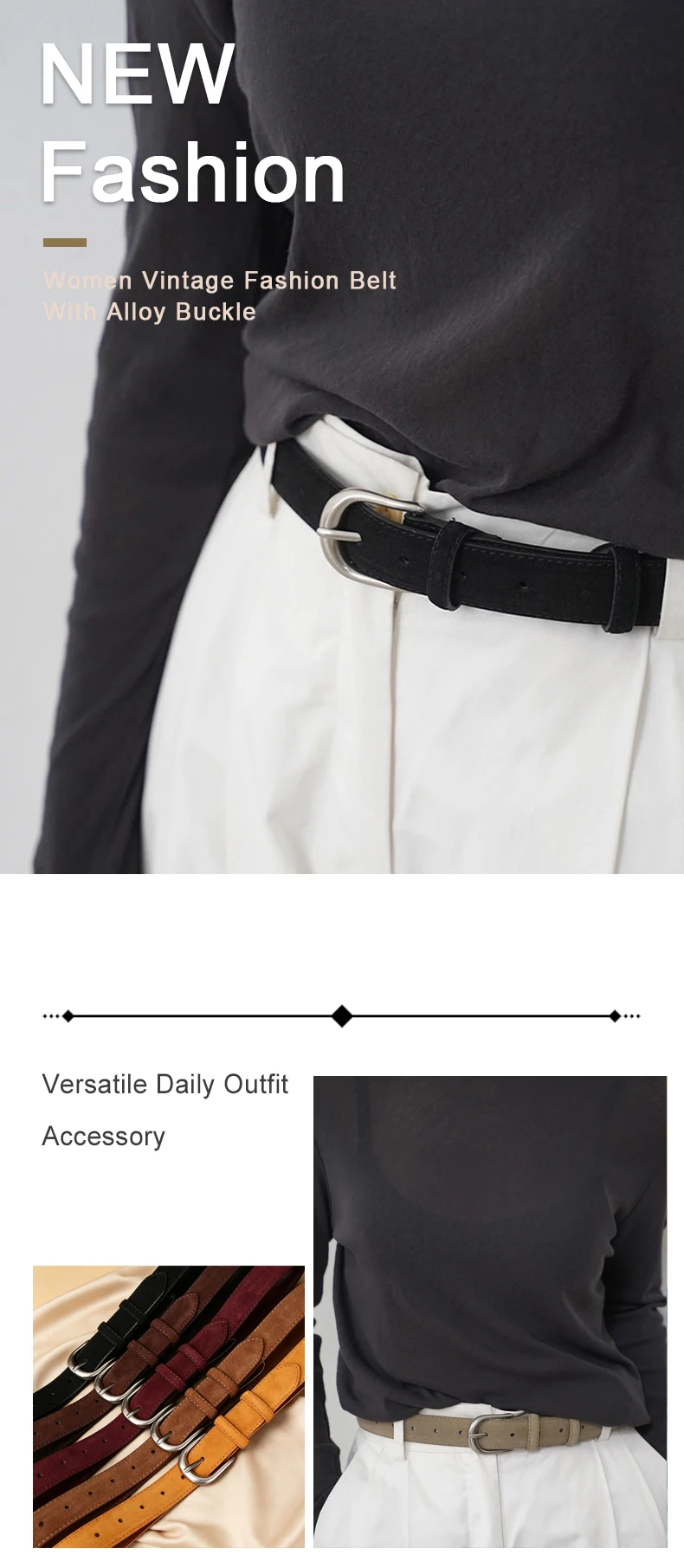 Lässiger Gürtel aus echtem Leder, Wildleder-Rindsledergürtel für Damen, breiter, eleganter Gürtel für Kleider und Jeans, Silberne Schnalle – Detail 1