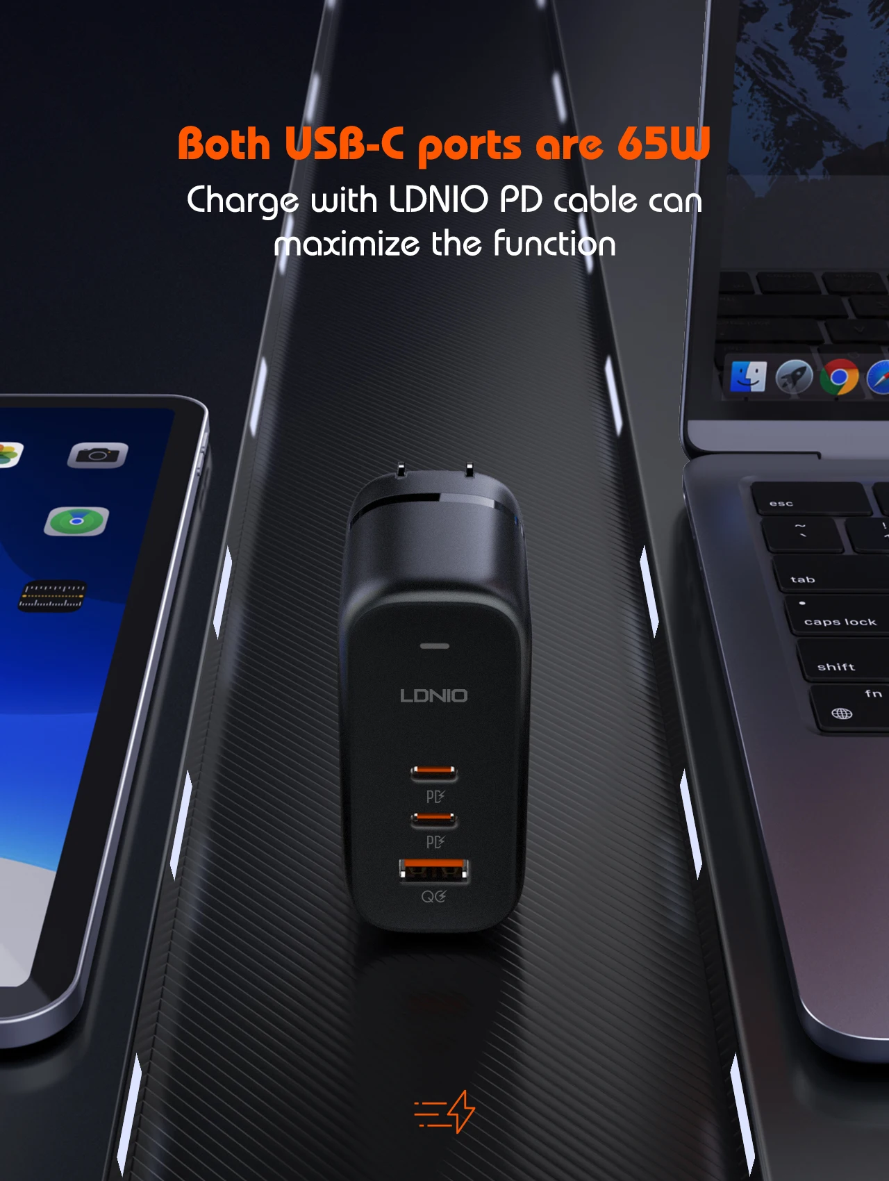 LDNIO GaN 65 W USB C Ladegerät Reiseladegerät PD QC Wandladegerät 3 Port Internationaler Steckeradapter EU UK US AU Reisesteckeradapter – Detail 4