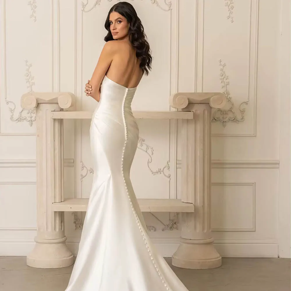 فستان زفاف مخصص بدون حمالات على شكل قارب للنساء العروس من الساتان حورية البحر أنيق بأزرار خلفية بطول الأرض فستان زفاف #2