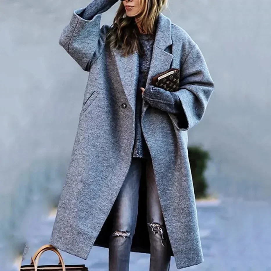 Autumn and Winter Women\'s Mid Length Knee Thickened Popular Temperament Coat Warm Trench Printed Coat Turndown Long Coat