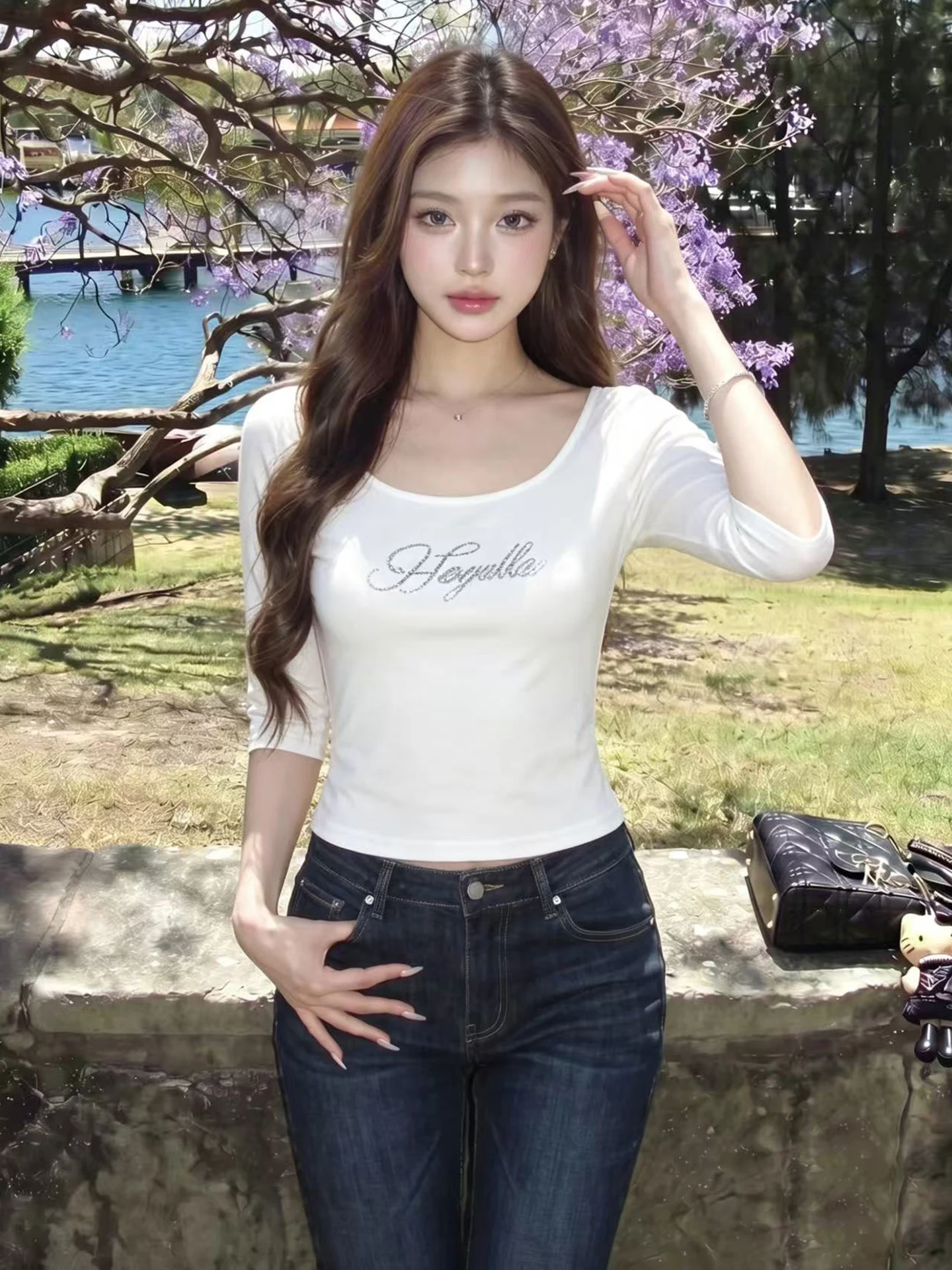 

Korean Style Letter Rhinestone Pure Desire Five-Quarter Short Sleeve T-Shirt Women Summer 2026 Slimming Sexy Top Ladies Tee