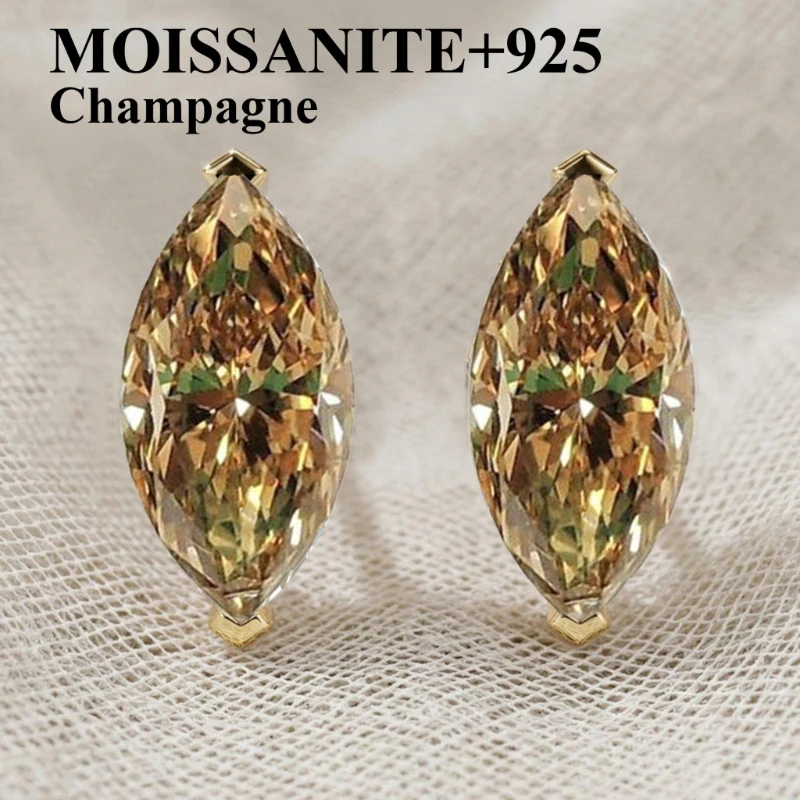 champagne marquise moissanite DIAMOND stud earring with GRA halo stud earring with 2 GRA  stud earring for women wedding