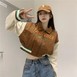 MEXZT Streetwear Women Retro Letter Crop Baseball Coats Fall Harajuku Turn-down Collar BF Jackets Casual Korean Outwear Y2k Tops