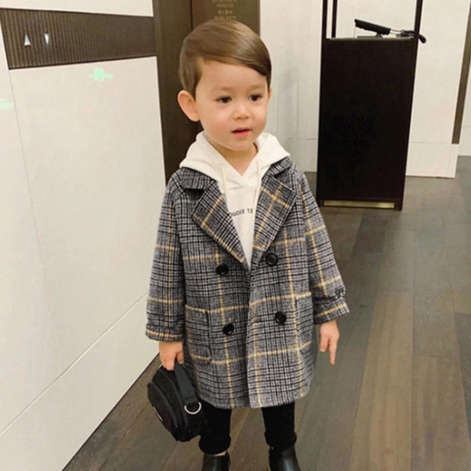 Leisure Baby Notched Breasted Plaid Coats Boys Trench Kids Elegant Double Wool Collar Jacket Coat