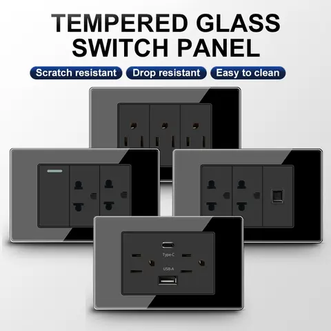 Prise murale américaine en verre trempé 118x75mm, prise USB thaïlandaise noire avec deux Ports USB type-c, interrupteur d'éclairage 110V
