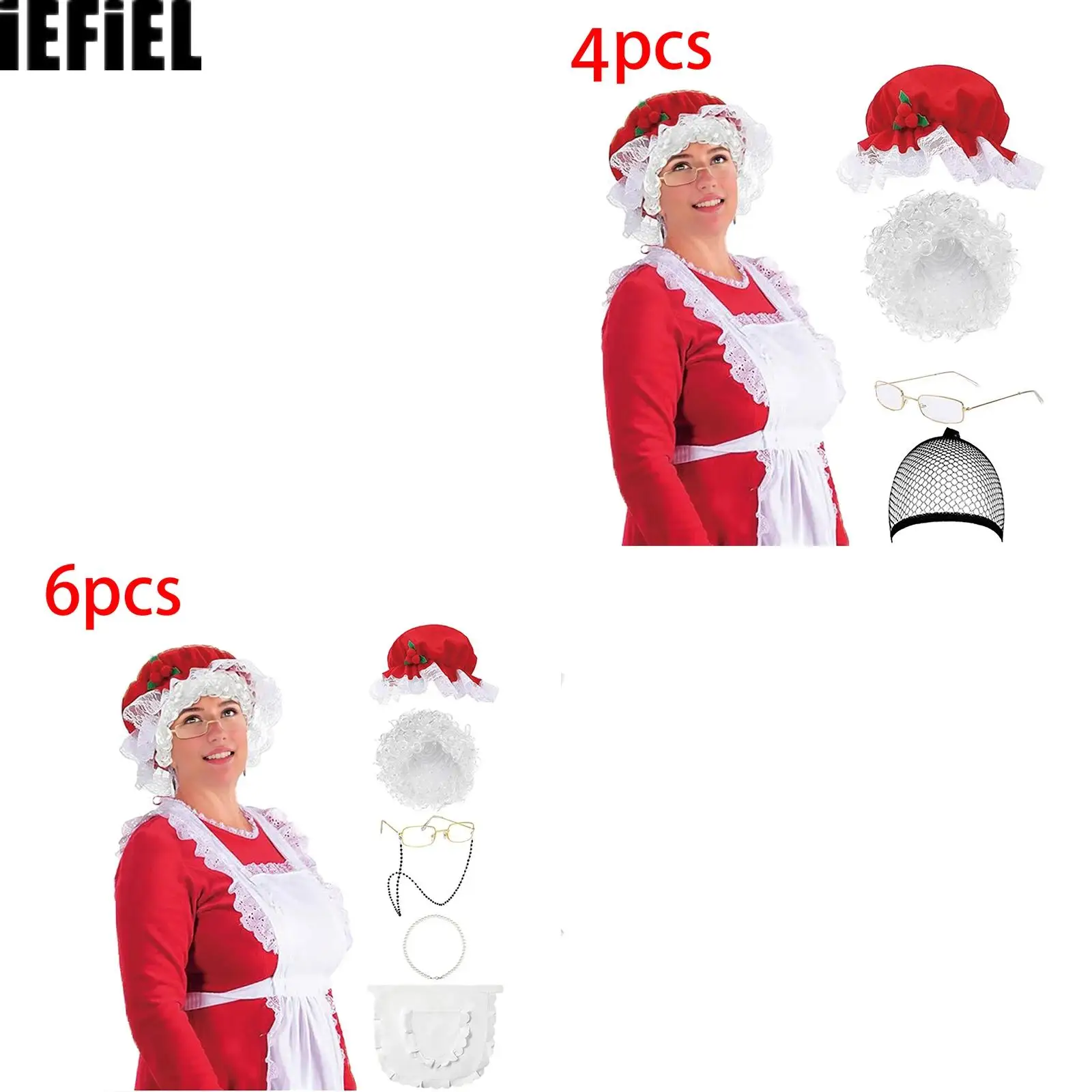 

Women Old Lady Christmas Mrs Cosplay Costume Sets for Wig Glasses And Hair Net Apron Etc for Claus Costume Party