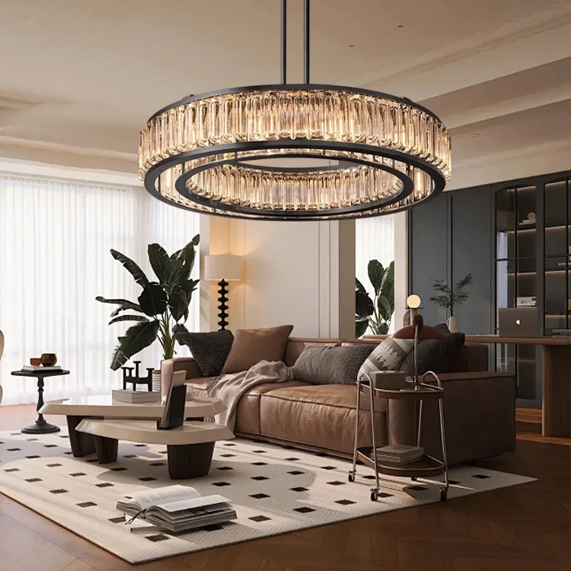 Crystal Chandelier Black Ring Pendant Light Modern Ceiling Lamp for Living Room Dining Room Bedroom Hotel Interior Decor