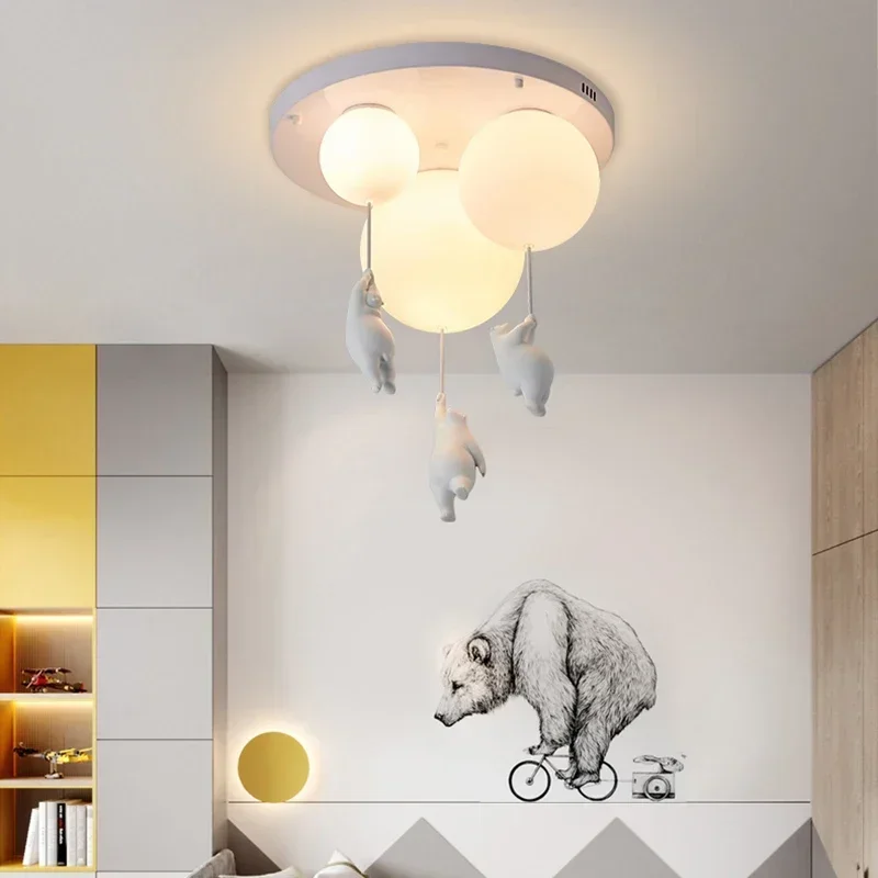 Lámpara colgante de techo con forma de muñeca de oso bonito, globo moderno de cristal colgante E27, luz de techo para habitación de niños, cama para