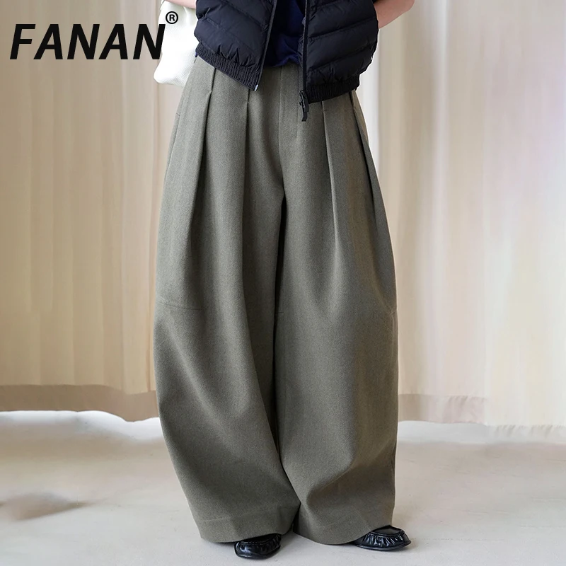 FANAN Women High Waist Pleated Wide Leg Pants Vintage Olive Green Loose Baggy Trousers Casual Floor Length Office Pants Winter