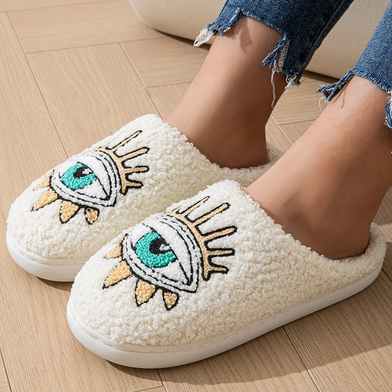 Fashion Home Women Fluffy Slippers Winter Soft Sole Houseshoes Eye Fuzzy Cotton Heart Flat Sole Funny Flip Flops Indoor Shoes