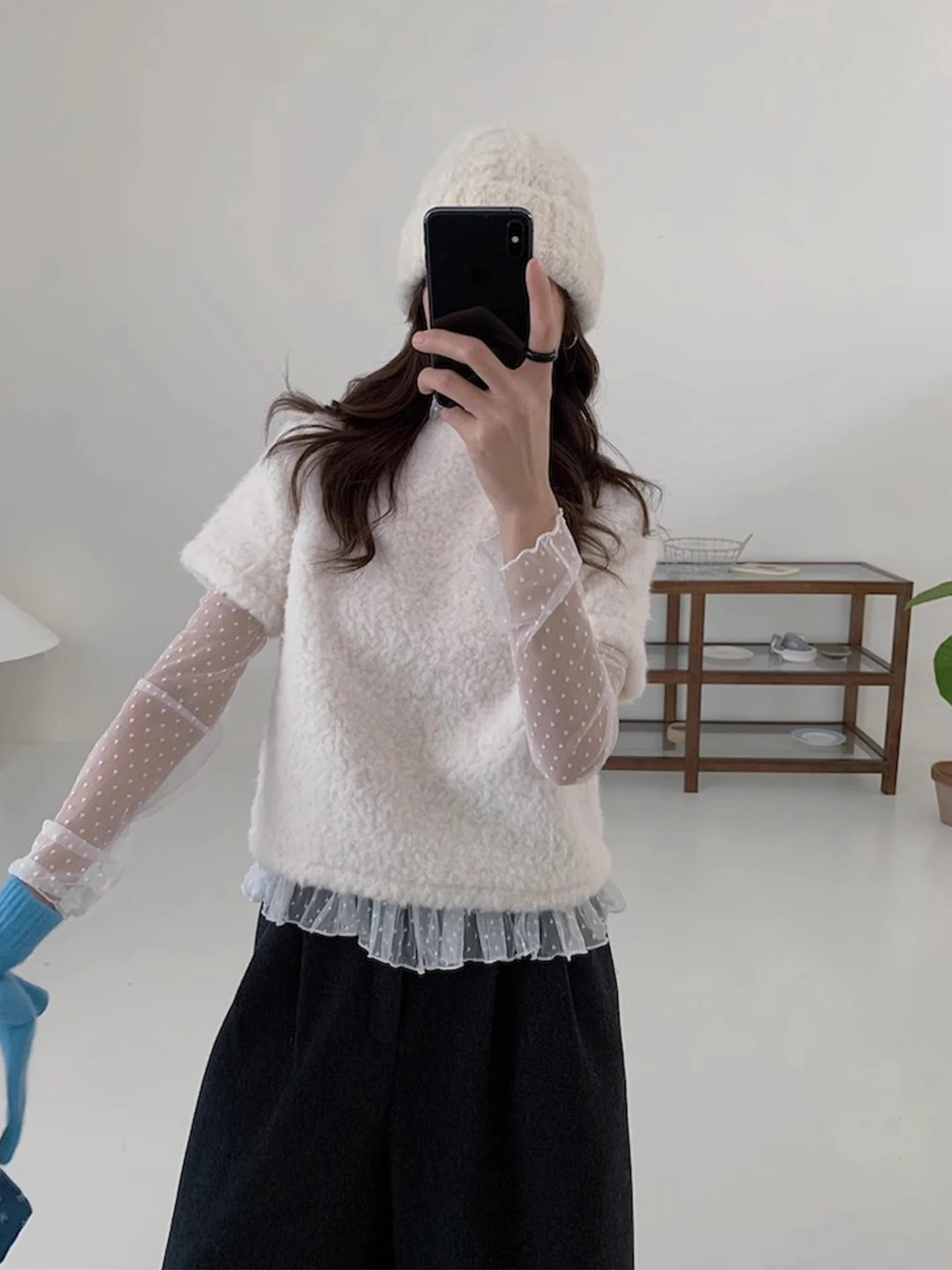 Faionable Me See-tough البولكا نقطة قاعدة irt ort Sve فضفاض فرو الضأن قطنية عالية الجودة مجموعة المرأة الشتاء تخفيف Sle #2