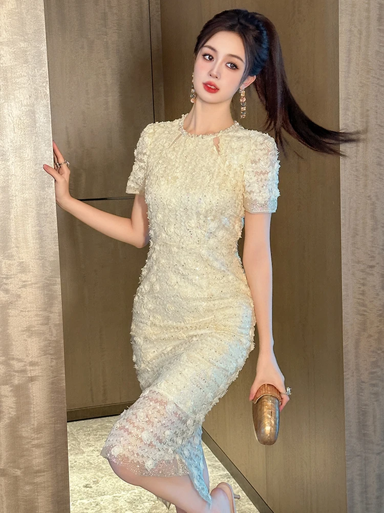 ชุดเดรสลูกไม้ปักเลื่อมแขนสั้นทรงดินสอเข้ารูปสำหรับผู้หญิง สไตล์หรูหรา เหมาะสำหรับงานปาร์ตี้ งานพรอม งานพิธีการ ฤดูร้อน รุ่นใหม่