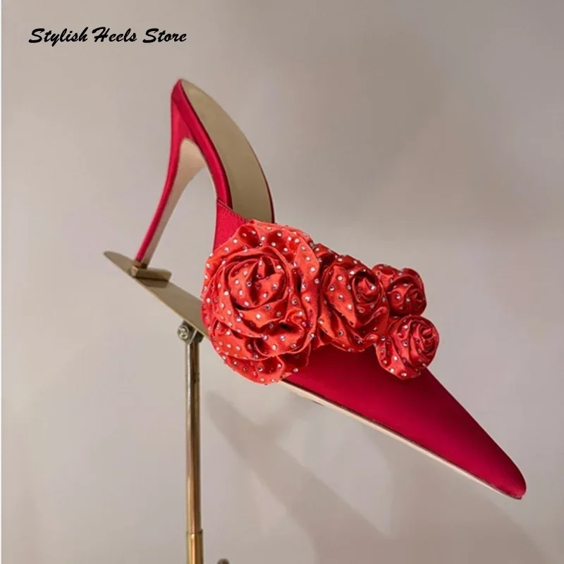 

Мюли со стразами и розой, элегантные женские босоножки на тонком каблуке с цветочным принтом, летние модные туфли на шпильке, вечерние свадебные туфли