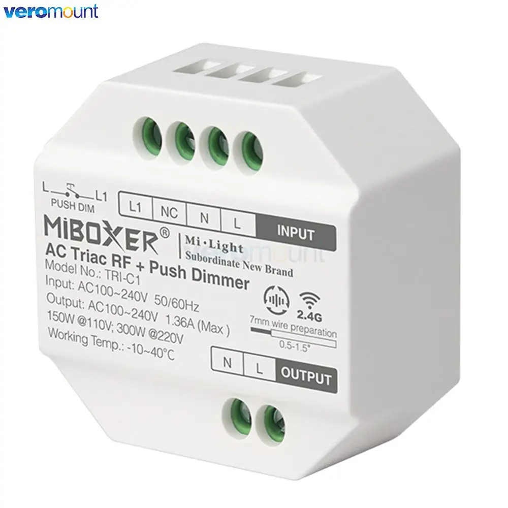 MiBoxer TRI-C1 TRI-C1WR TRI-C1ZR Ściemniacz AC 110V 220V 2.4G RF Zdalna aplikacja WiFi / Sterowanie głosowe 300W do lamp halogenowych