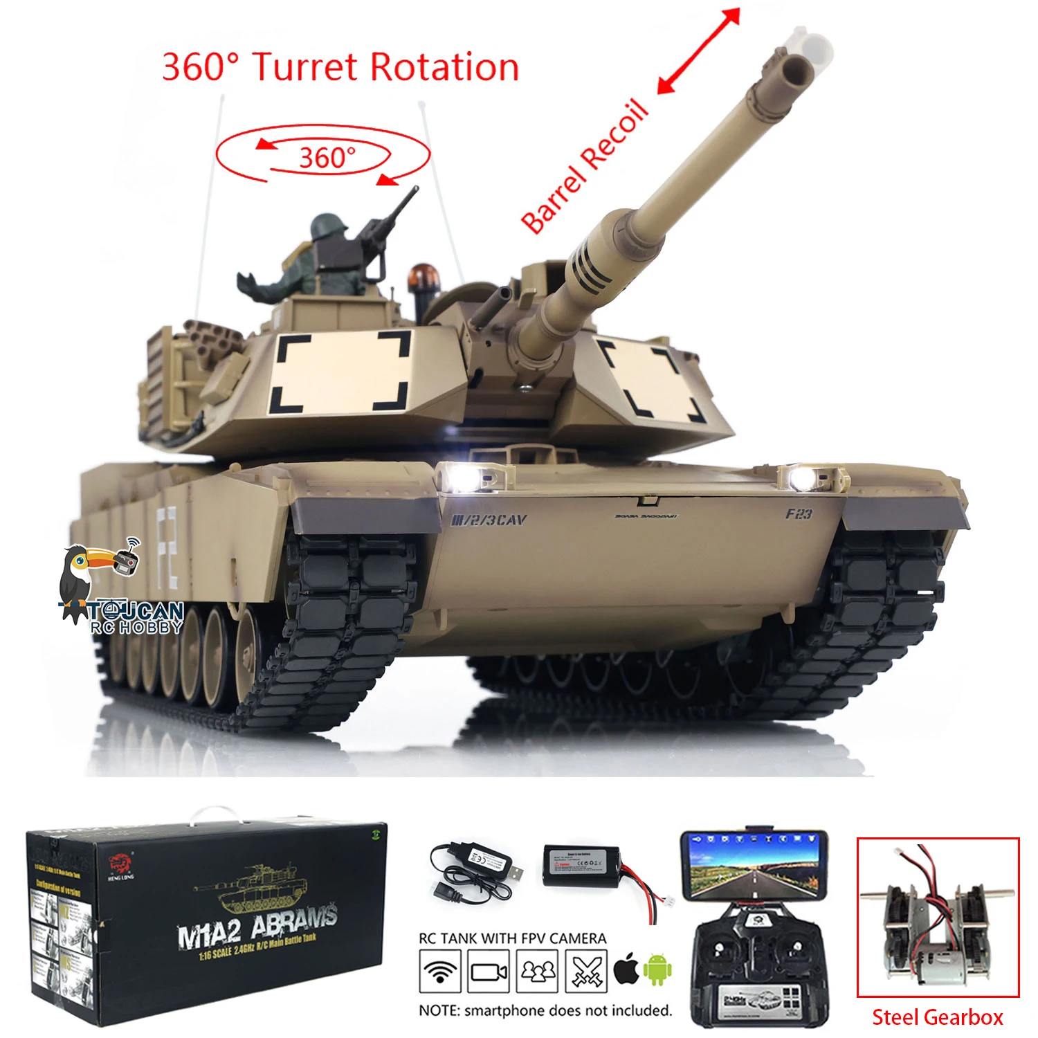 Henglong 1/16 7.0 Plastic FPV M1A2 Abrams RC Tank 3918 Gearbox Barrel Recoil IR Combat Army tank toys TH17793-SMT7